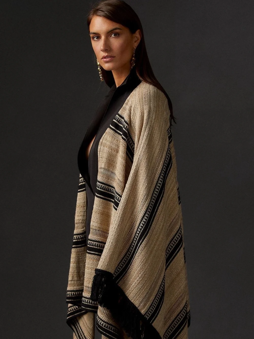 Ralph Lauren Collection Pre-Fall 2021 Italian Beige & Black Fringe Knit Ruana